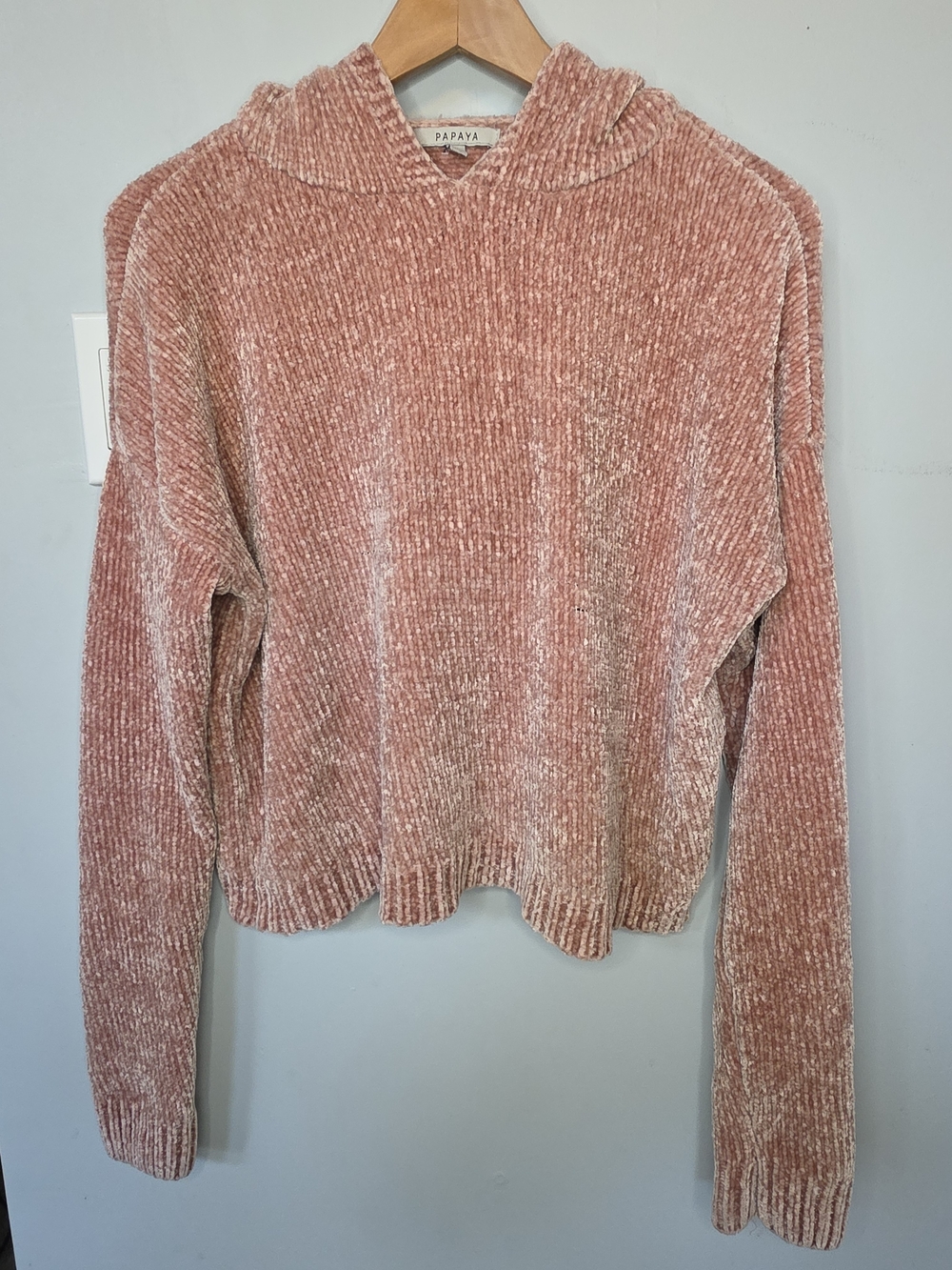 Papaya Blush Pink Chenille Hooded Sweater Soft Cropped Coquette Y2K M As Is